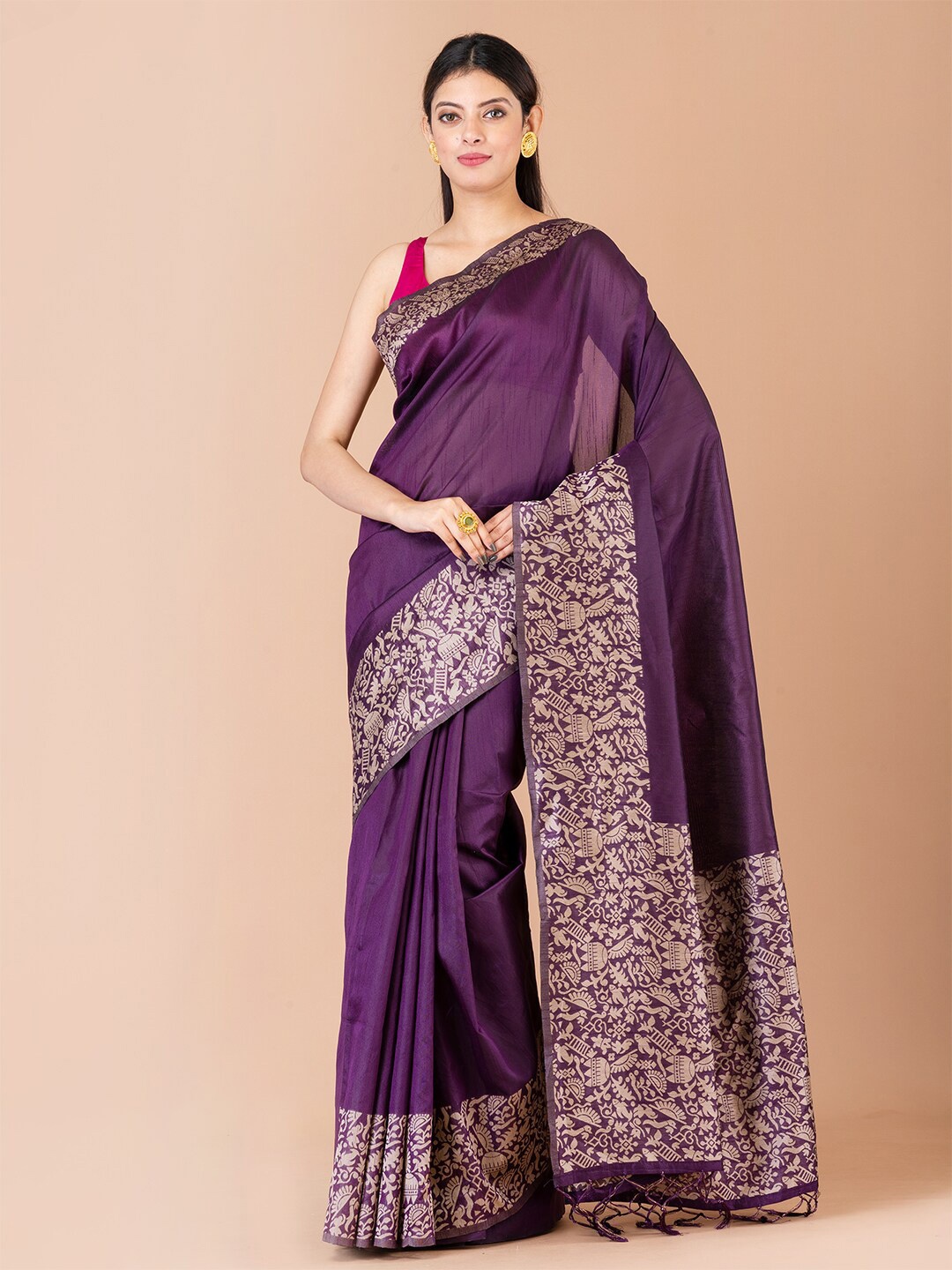 

Laa Calcutta Ethnic Motif Silk Blend Banarasi Saree With Tassel, Purple