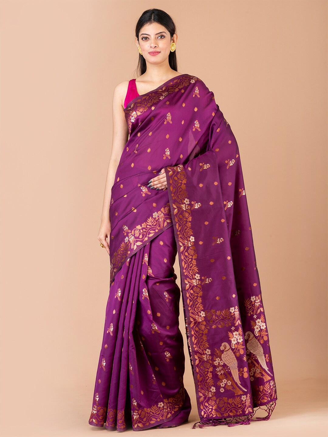 

Laa Calcutta Ethnic Motif Silk Blend Banarasi Zari Saree With Tassel, Purple