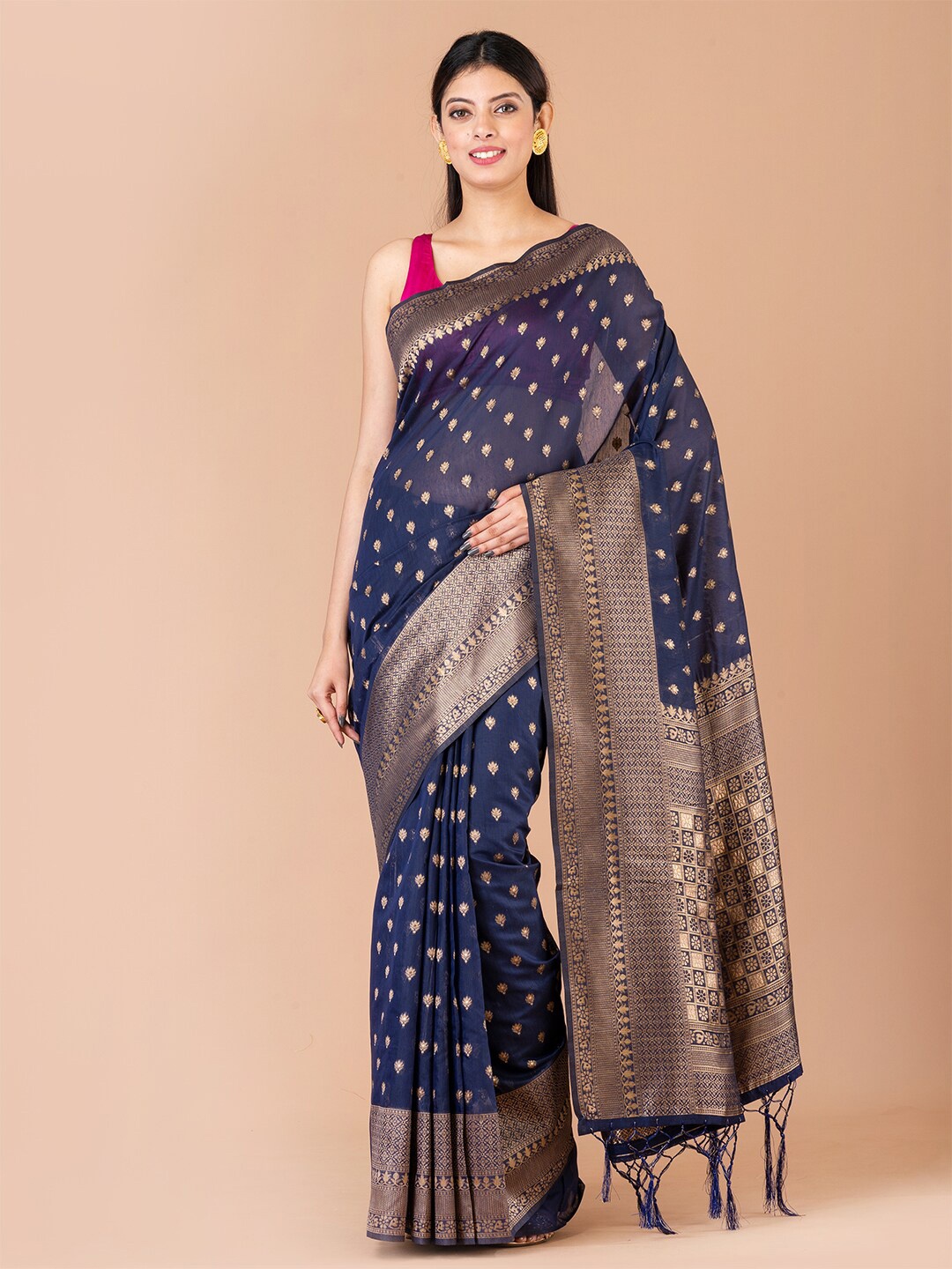 

Laa Calcutta Ethnic Motif Silk Blend Banarasi Zari Saree With Tassel, Navy blue