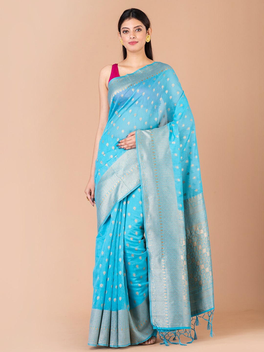 

Laa Calcutta Ethnic Motif Woven Design Zari Banarasi Saree, Turquoise blue