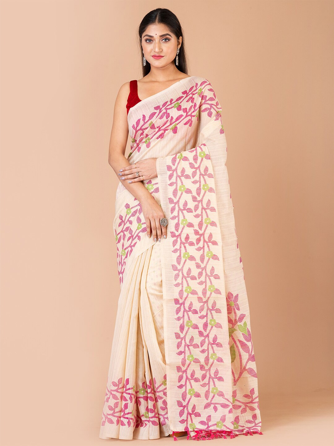 

Laa Calcutta Floral Silk Blend Banarasi Saree With Tassel, Beige