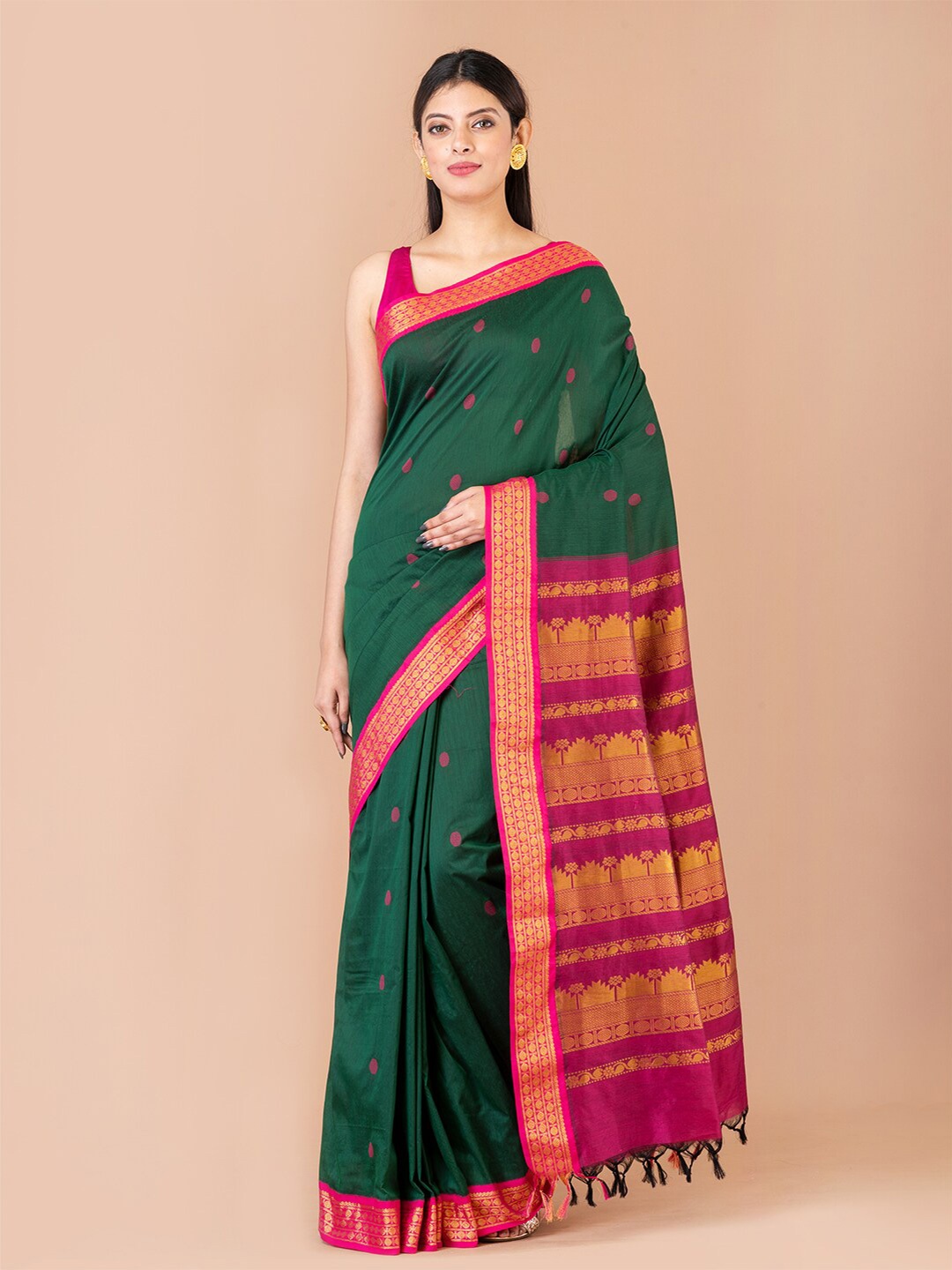 

Laa Calcutta Polka Dots Woven Design Zari Gadwal Saree, Green