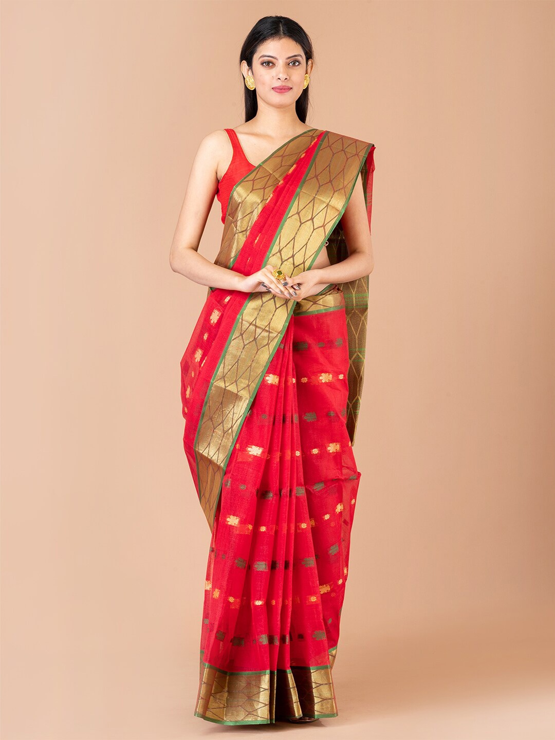 

Laa Calcutta Ethnic Motif Pure Cotton Taant Zari Saree, Red
