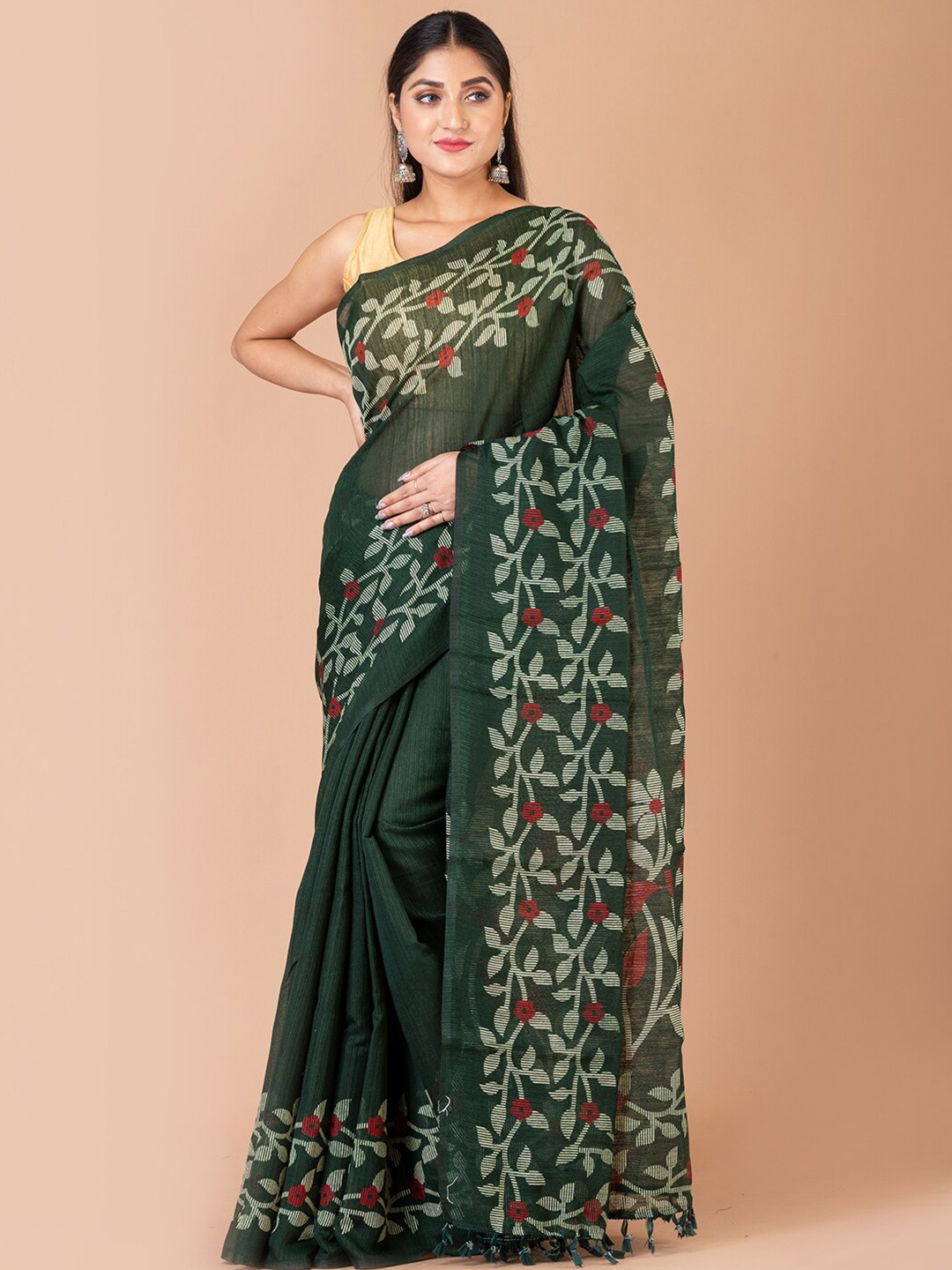 

Laa Calcutta Floral Silk Blend Banarasi Saree With Tassel, Green