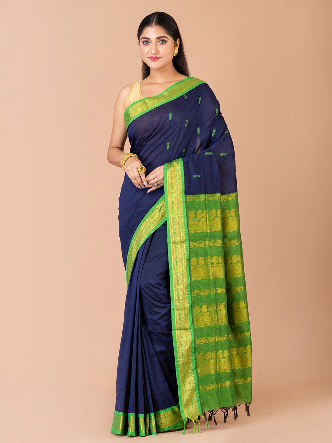

Laa Calcutta Woven Design Zari Gadwal Saree, Navy blue