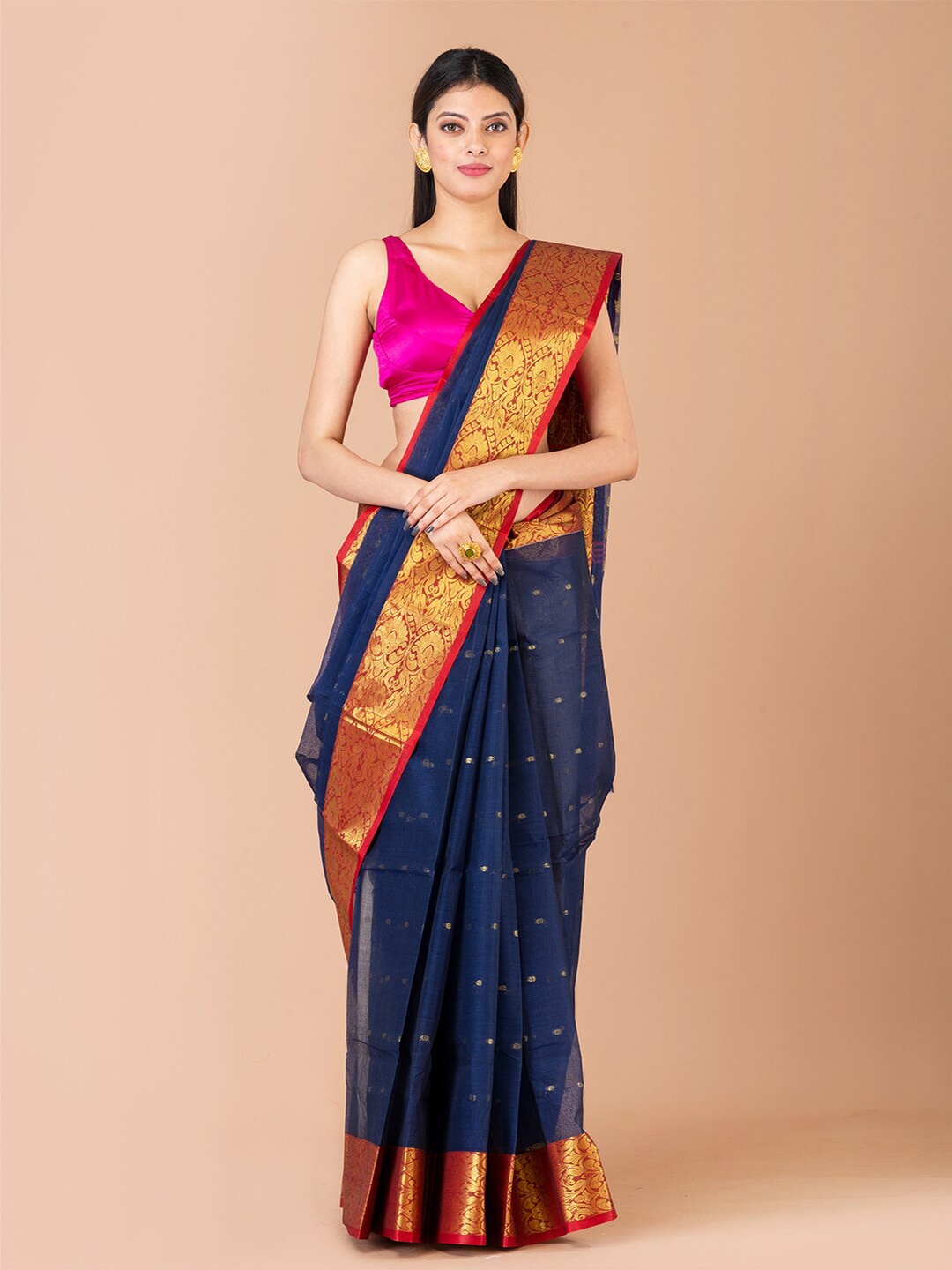 

Laa Calcutta Ethnic Motif Pure Cotton Taant Zari Saree, Navy blue