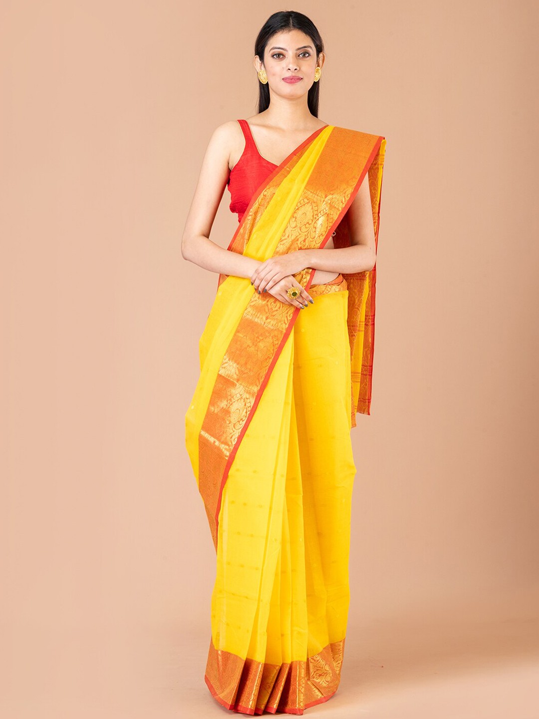 

Laa Calcutta Ethnic Motif Pure Cotton Taant Zari Saree, Yellow
