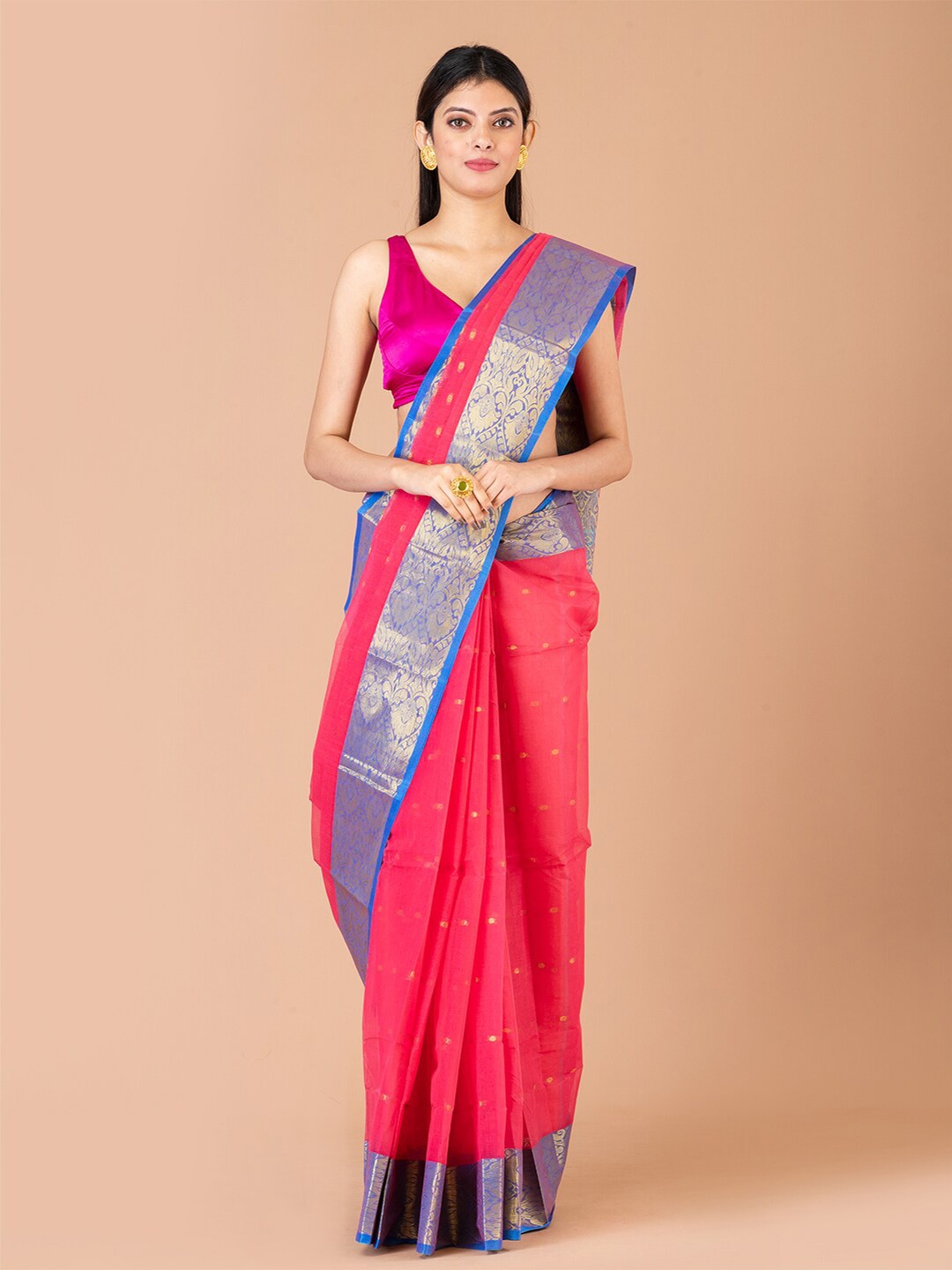 

Laa Calcutta Ethnic Motif Pure Cotton Taant Zari Saree, Pink