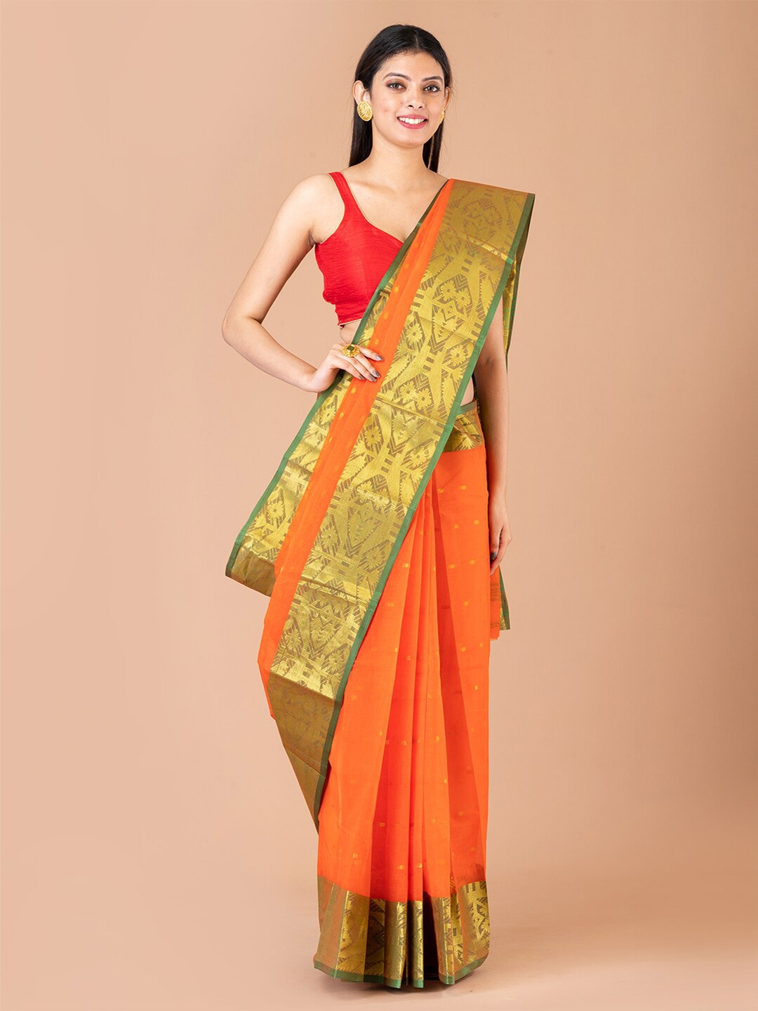 

Laa Calcutta Ethnic Motif Pure Cotton Taant Zari Saree, Orange