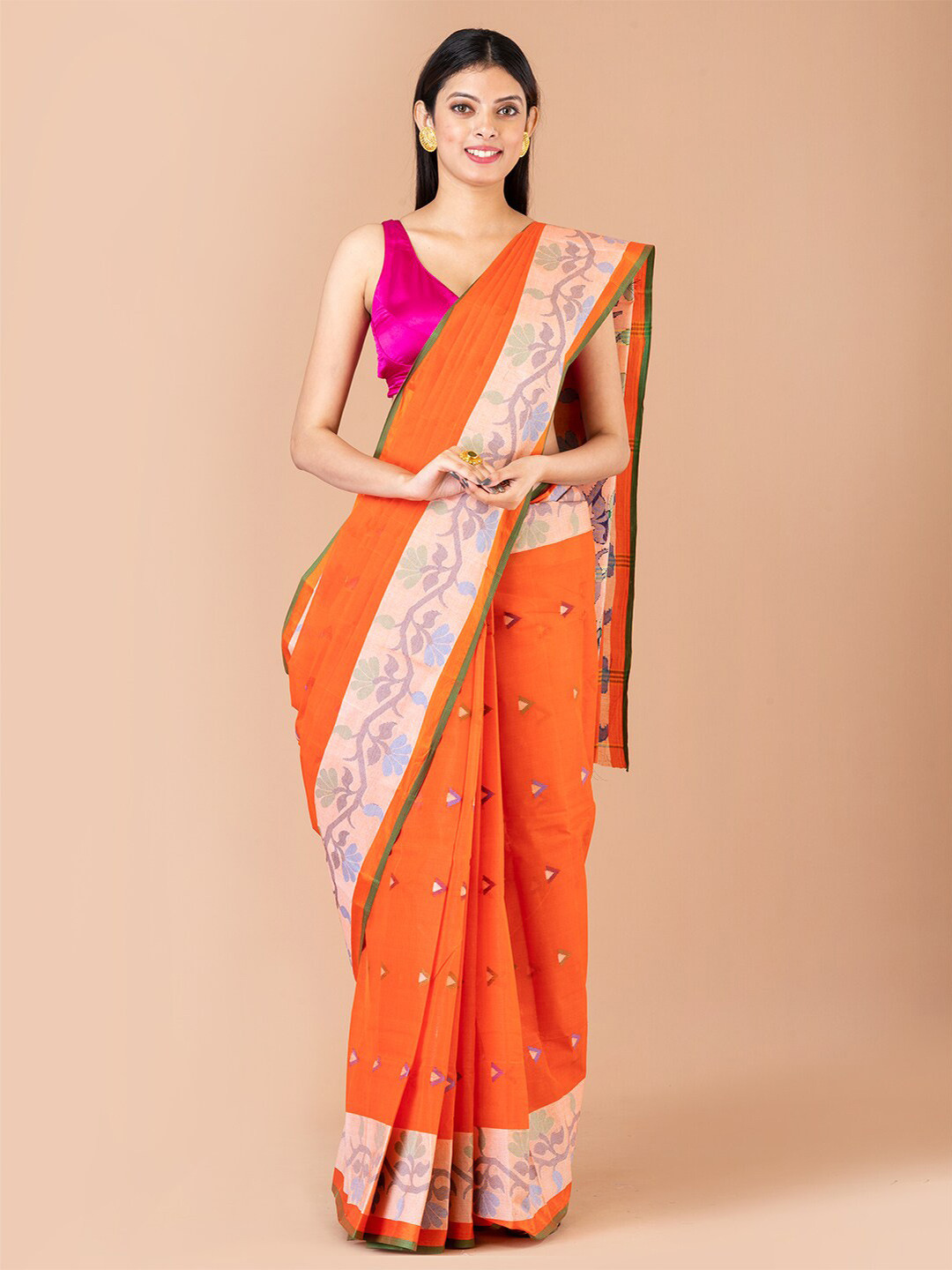 

Laa Calcutta Floral Pure Cotton Taant Saree, Orange