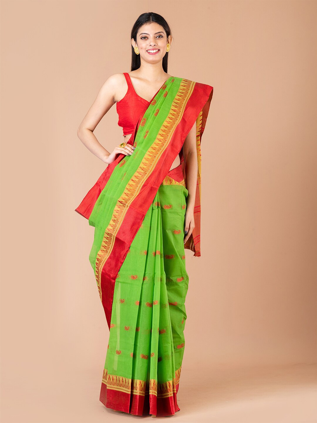 

Laa Calcutta Paisley Pure Cotton Taant Saree, Green