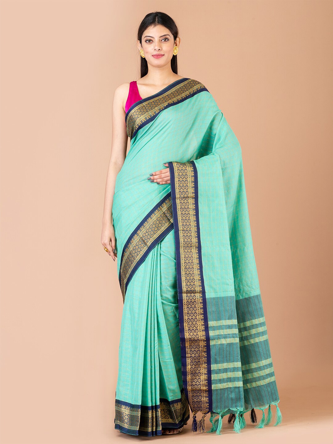 

Laa Calcutta Checked Zari Banarasi Saree, Sea green