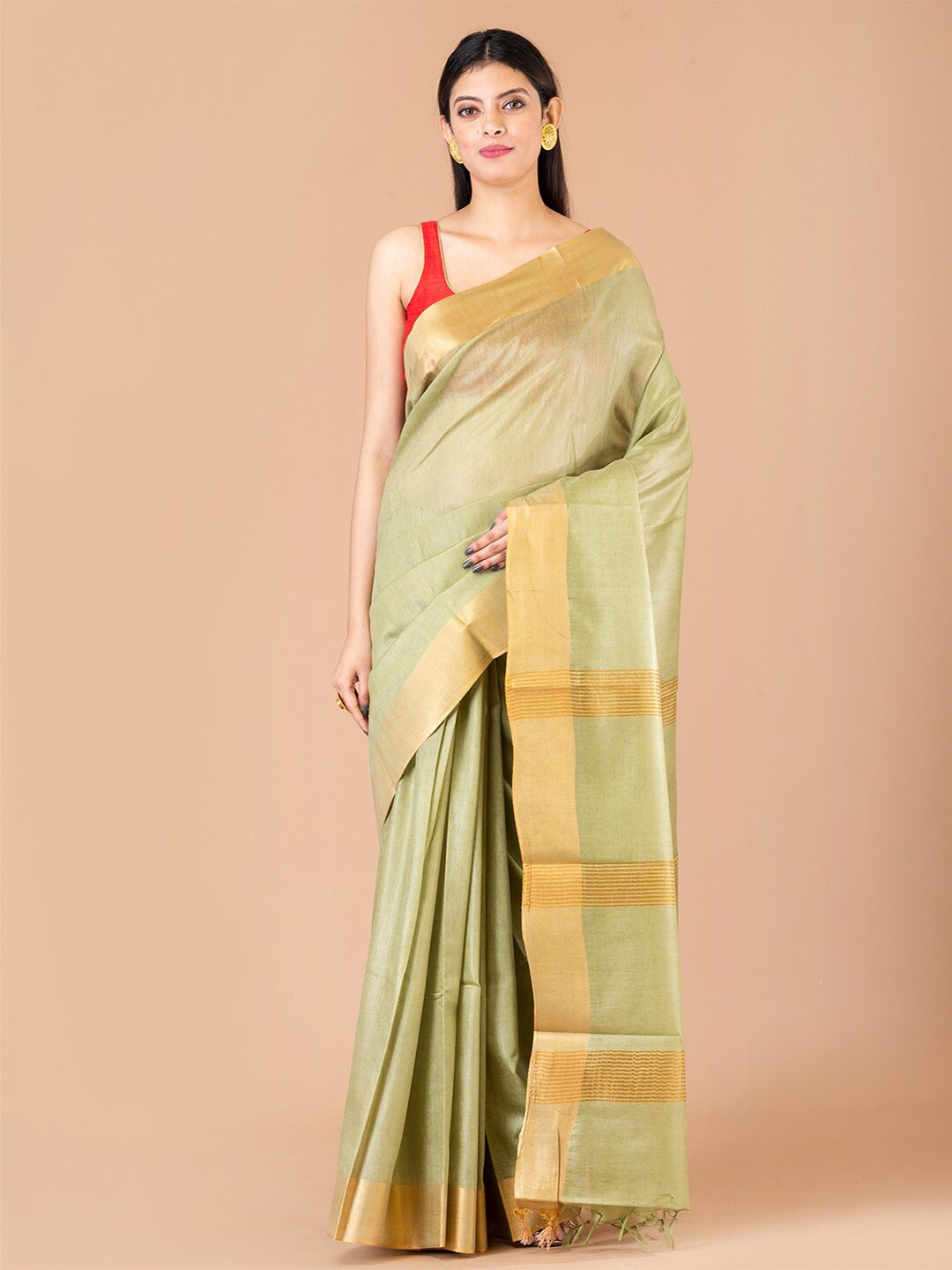 

Laa Calcutta Silk Blend Banarasi Zari Saree With Tassel, Green