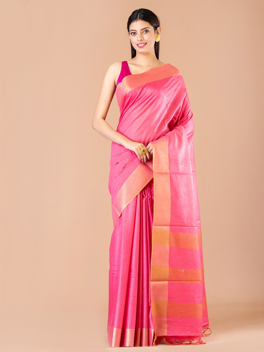 

Laa Calcutta Silk Blend Banarasi Zari Saree With Tassel, Pink