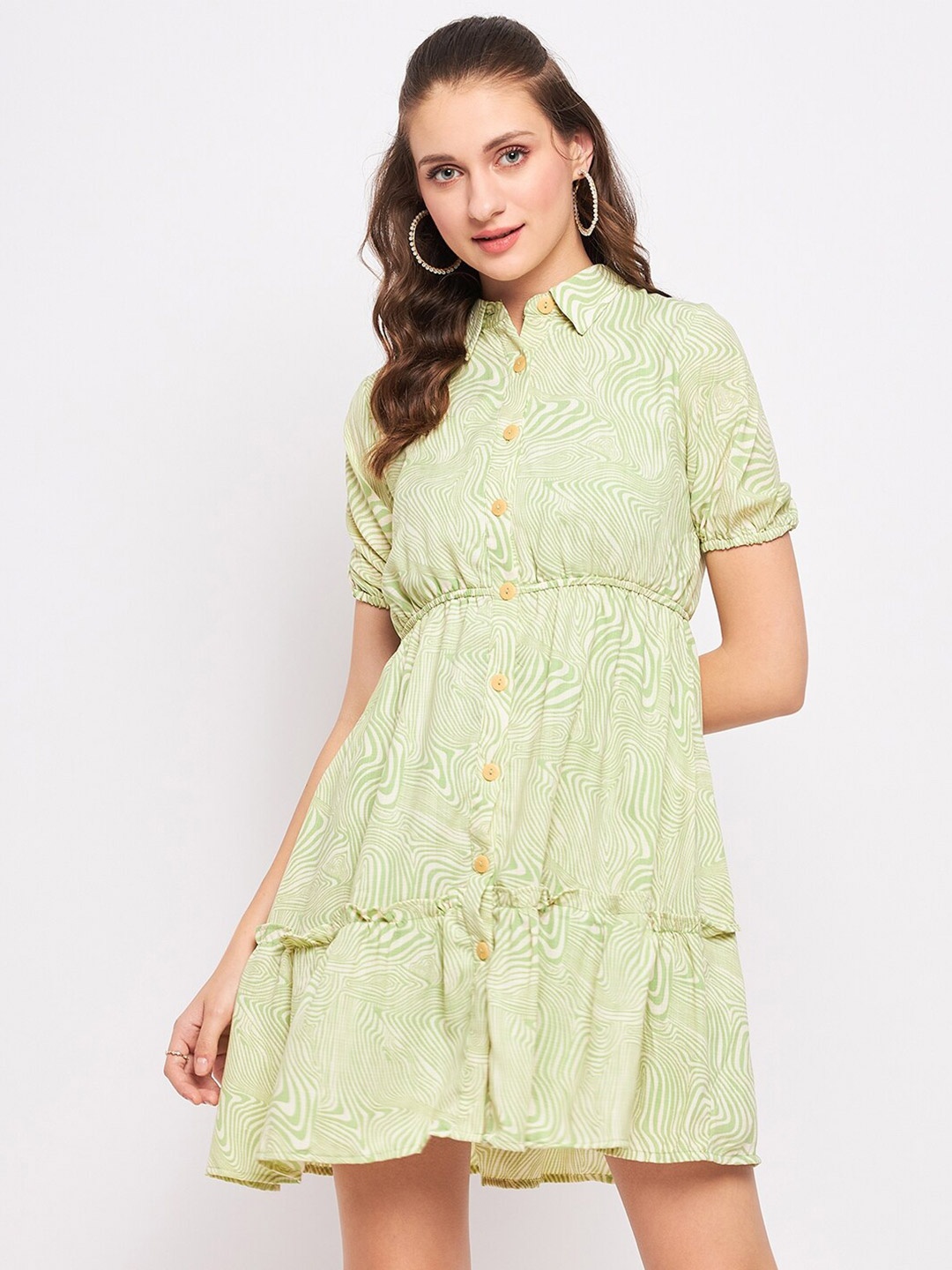 

Madame Shirt Collar Printed Fit and Flare Dress, Green