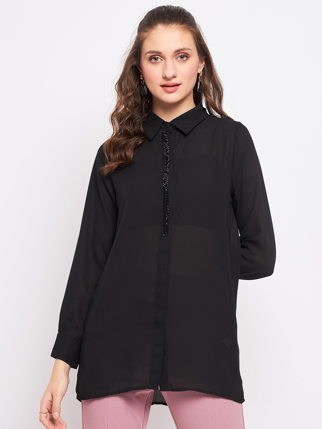 

Madame Spread Collar High Low Casual Shirt, Black