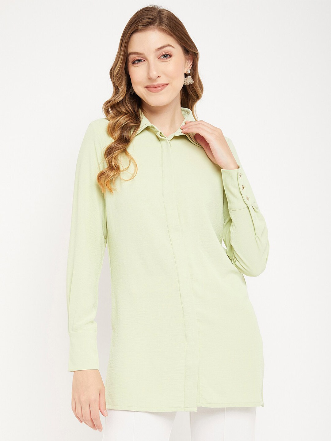 

Madame Spread Collar Long Sleeves Longline Casual Shirt, Green