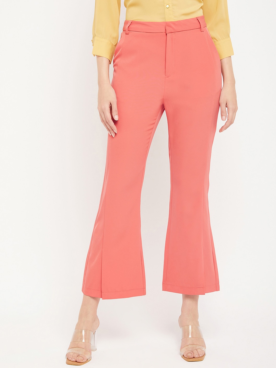 

Madame Women Mid-Rise Cotton Bootcut Trousers, Coral