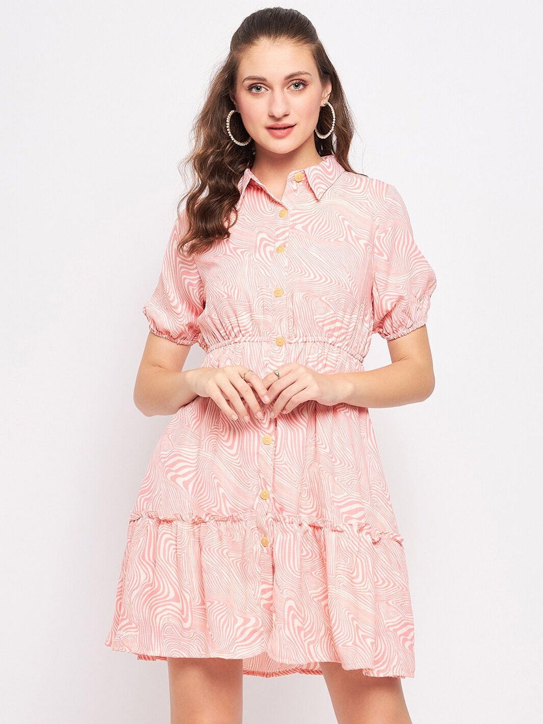 

Madame Shirt Collar Printed Fit and Flare Dress, Peach