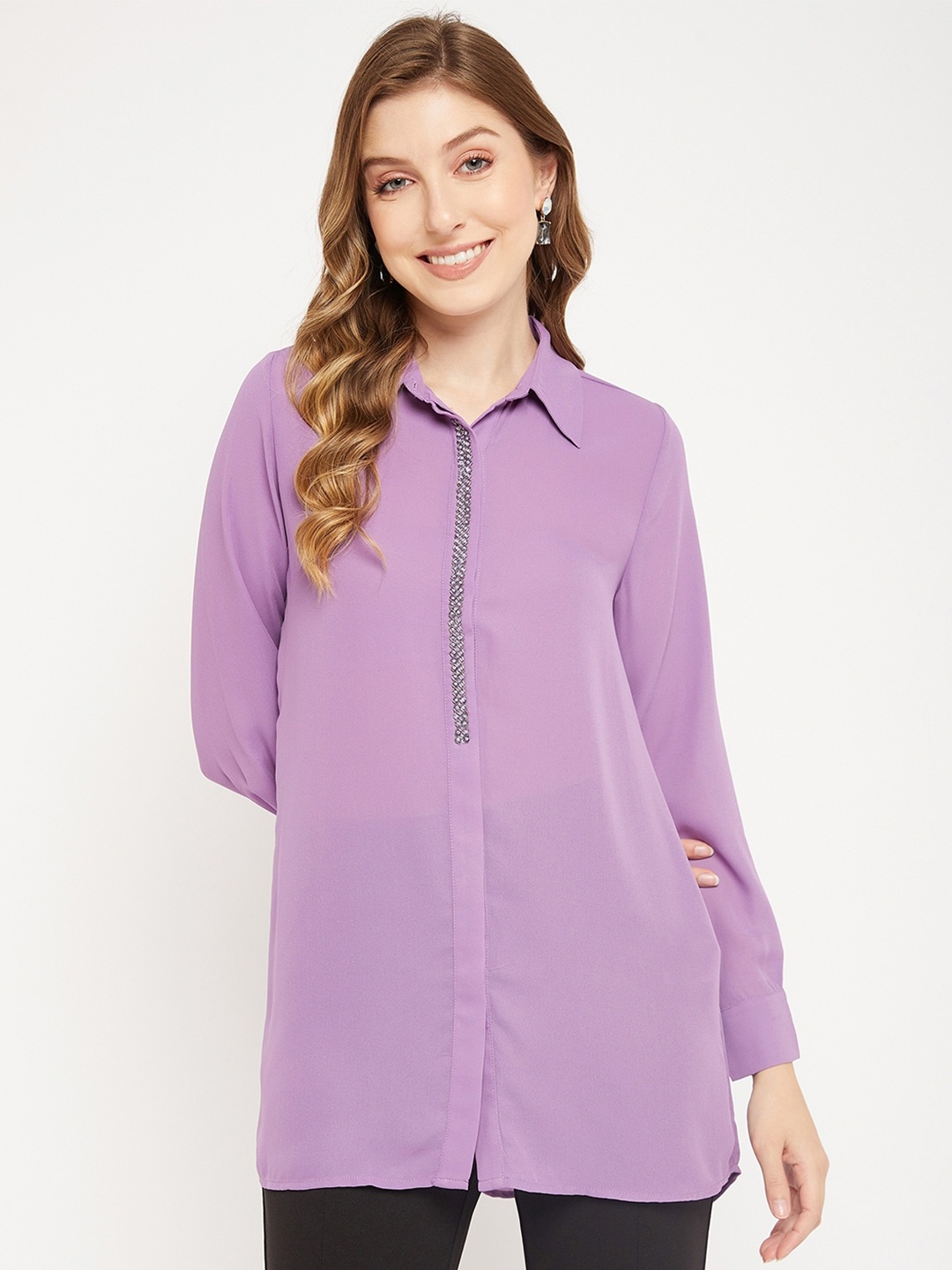 

Madame Spread Collar Long Sleeves Longline Casual Shirt, Purple