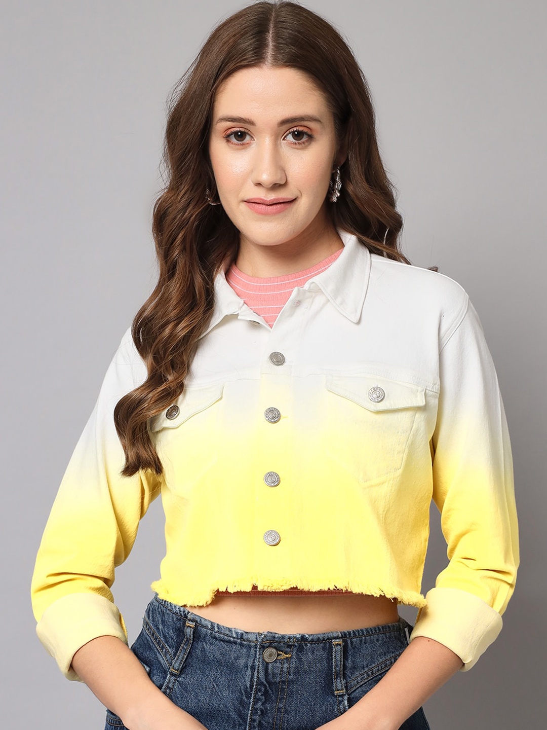 

GUTI Colourblocked Crop Denim Jacket, Yellow