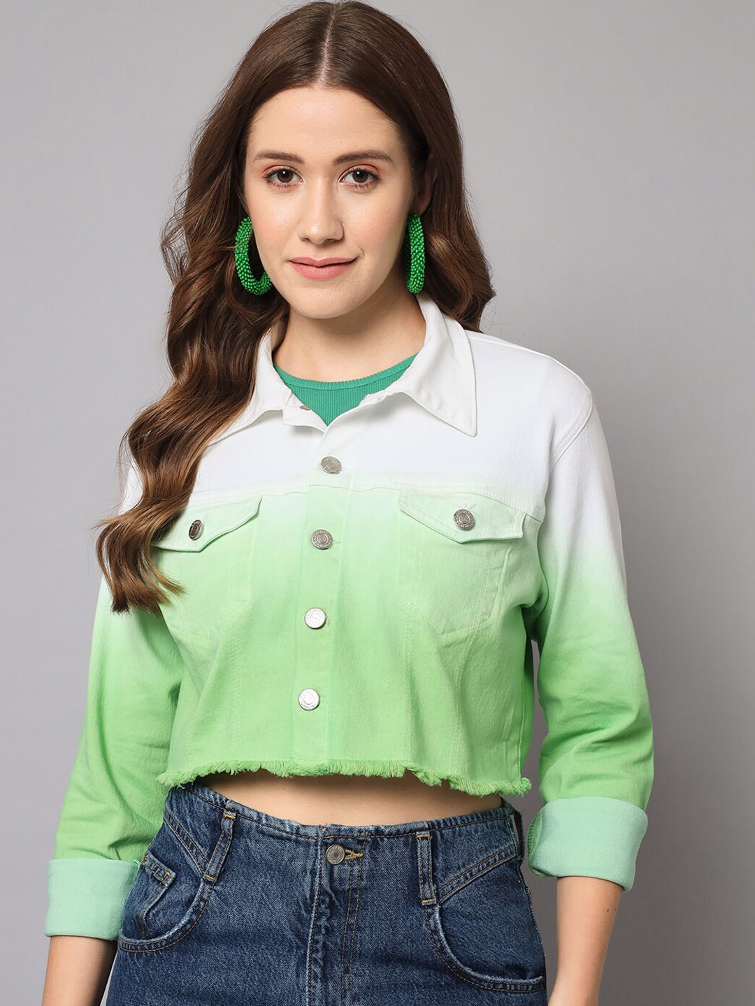 

GUTI Colourblocked Crop Denim Jacket, Green