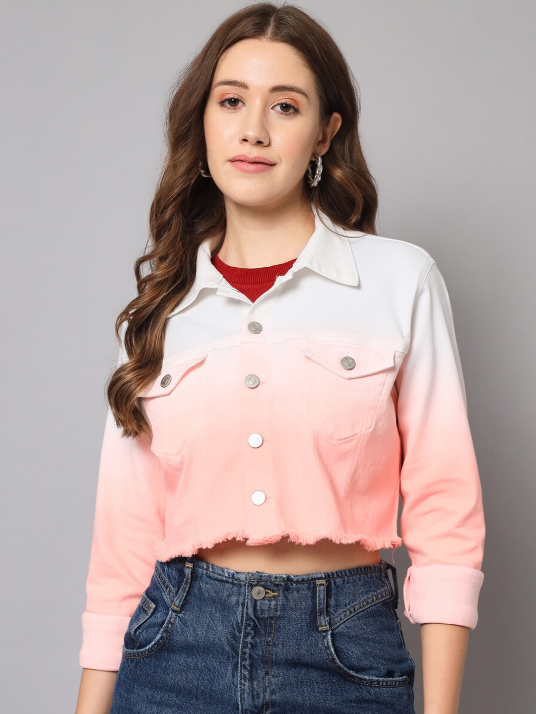 

GUTI Colourblocked Crop Denim Jacket, Peach