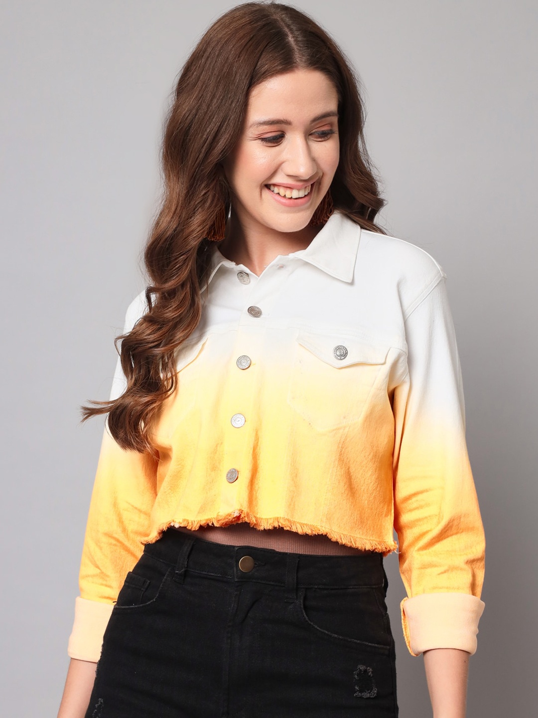 

GUTI Colourblocked Crop Denim Jacket, Yellow