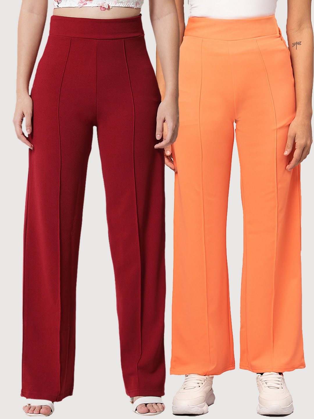 

Kotty Women Pack Of 2 Relaxed Straight Leg Easy Wash Straight Fit Parallel Trousers, Maroon