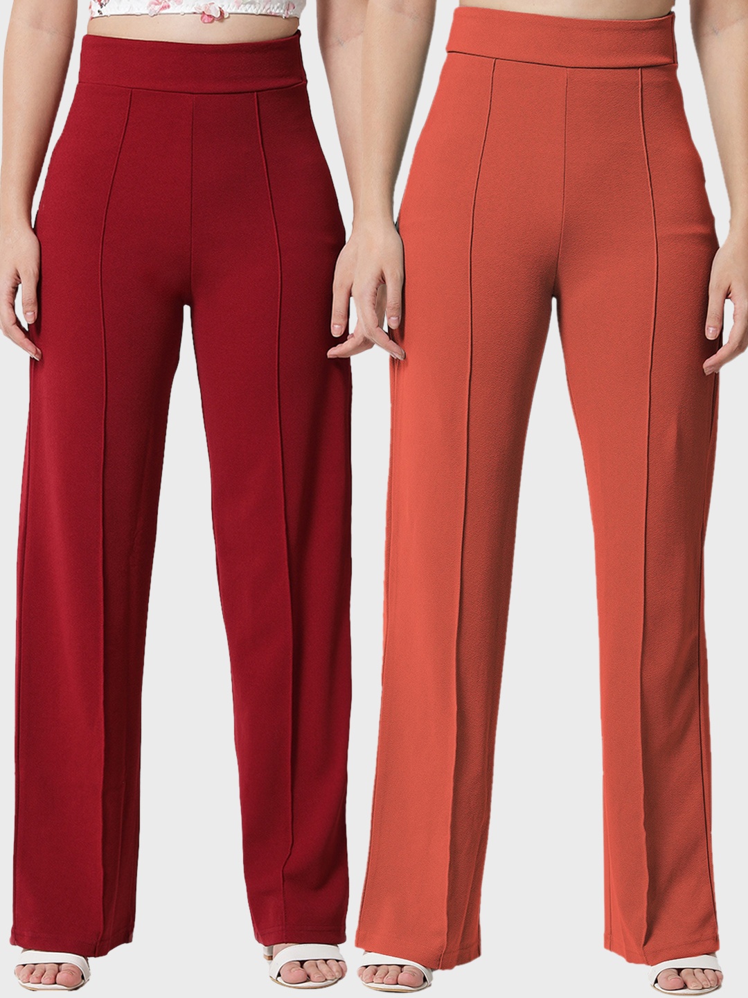 

Kotty Women Pack Of 2 Relaxed Straight Leg High-Rise Easy Wash Parallel Trousers, Maroon