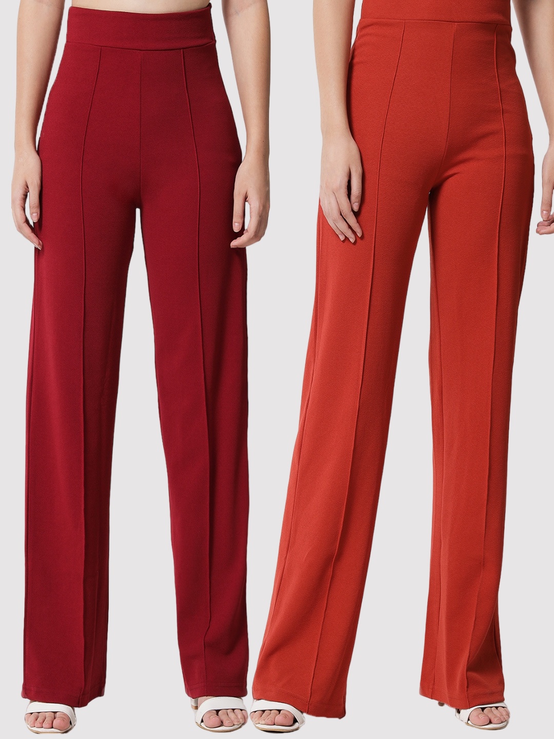 

Kotty Women Pack Of 2 Relaxed Straight Leg High-Rise Easy Wash Parallel Trousers, Maroon