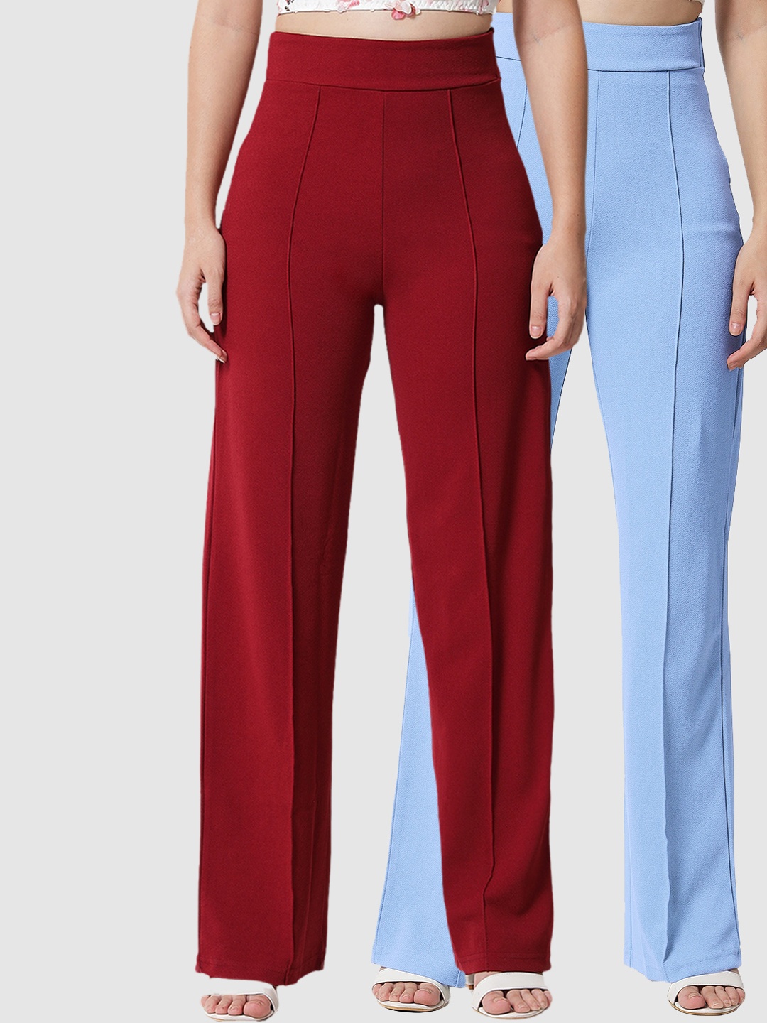 

Kotty Women Pack Of 2 Relaxed Straight Leg Straight Fit High-Rise Trousers, Maroon