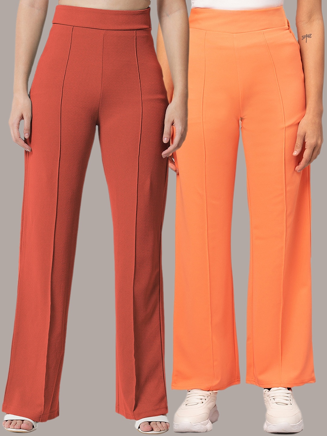 

Kotty Pack Of 2 Women Relaxed Straight Leg Straight Fit High-Rise Trousers, Orange