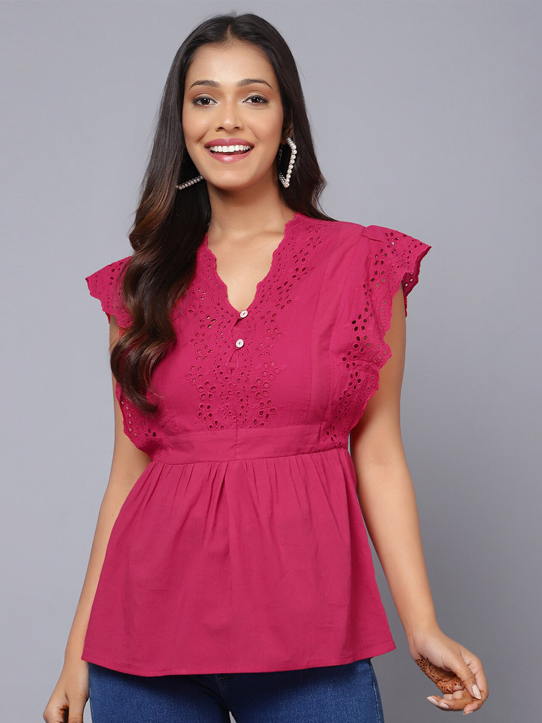 

Bani Women V-Neck Flutter Sleeve Schiffli Peplum Top, Pink