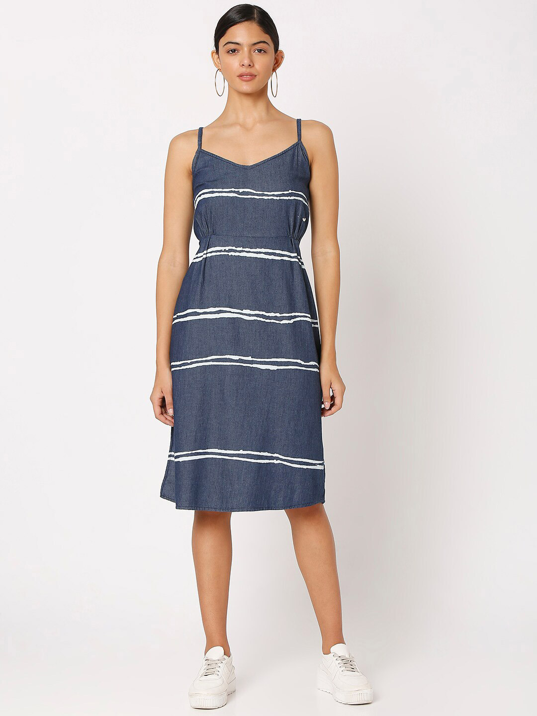

SPYKAR Shoulder Straps Striped A-Line Cotton Dress, Blue