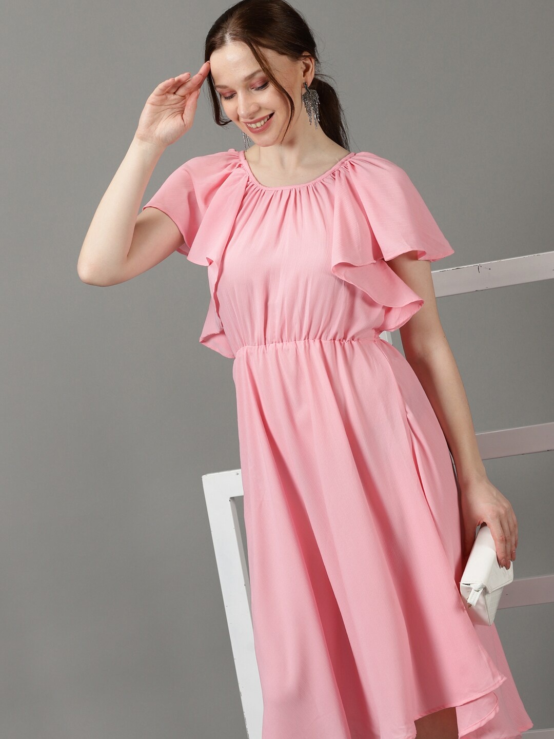 

SHOWOFF Flutter Sleeves Gathered Fit & Flare Midi Dress, Pink