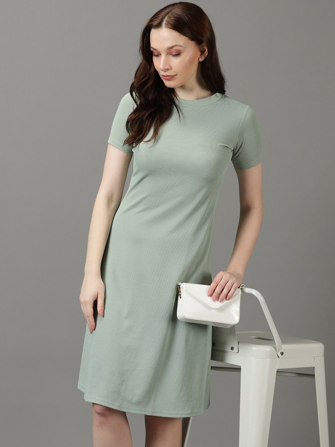

SHOWOFF Round Neck Acrylic A-Line Dress, Sea green