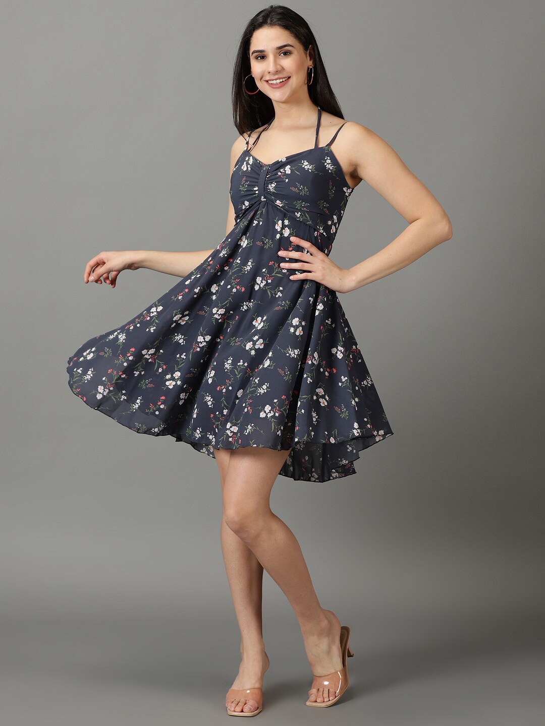 

SHOWOFF Floral Printed Shoulder Strap Ruched Empire Dress, Grey
