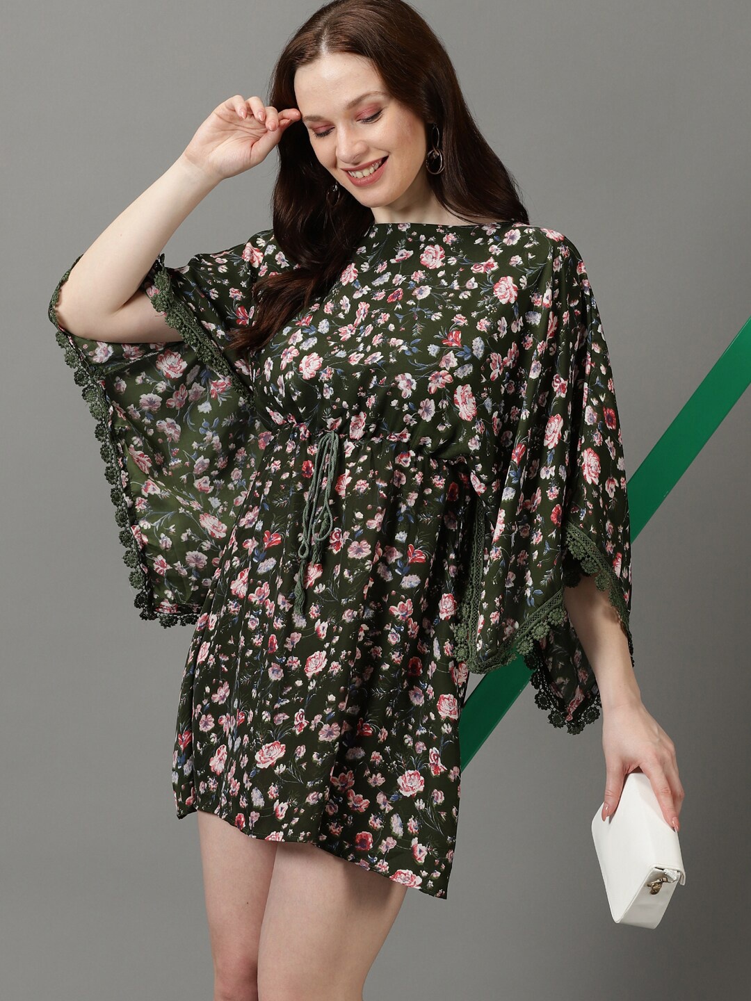 

SHOWOFF Floral Printed Kimono Sleeves Lace Inserts Kaftan Dress, Olive