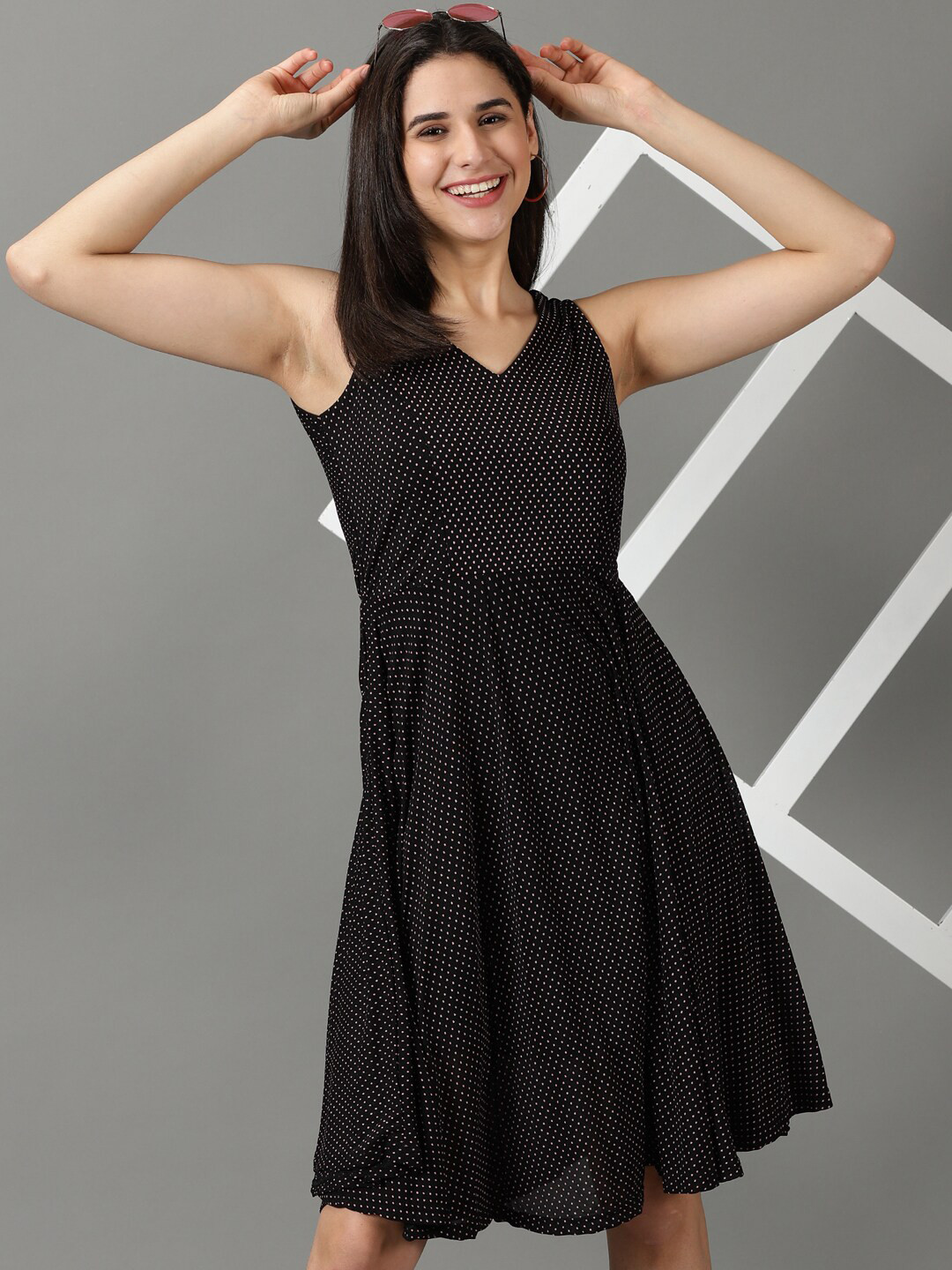 

SHOWOFF Polka Dots Printed V-Neck Fit & Flare Dress, Black