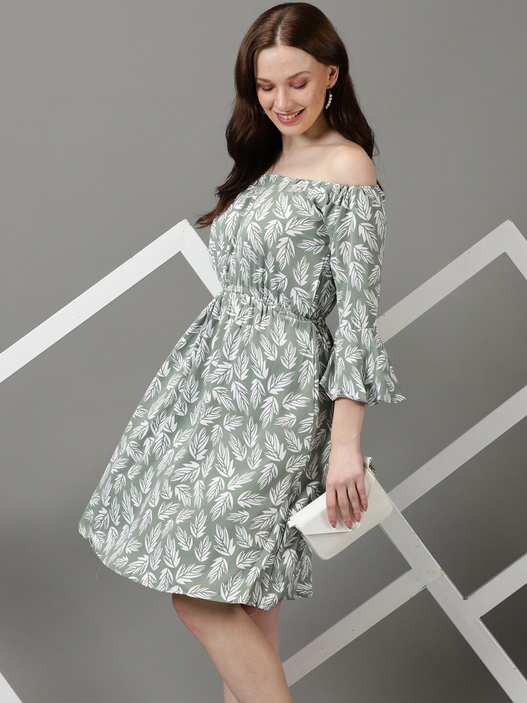 

SHOWOFF Floral Printed Off-Shoulder Bell Sleeve Crepe Fit & Flare Dress, Green