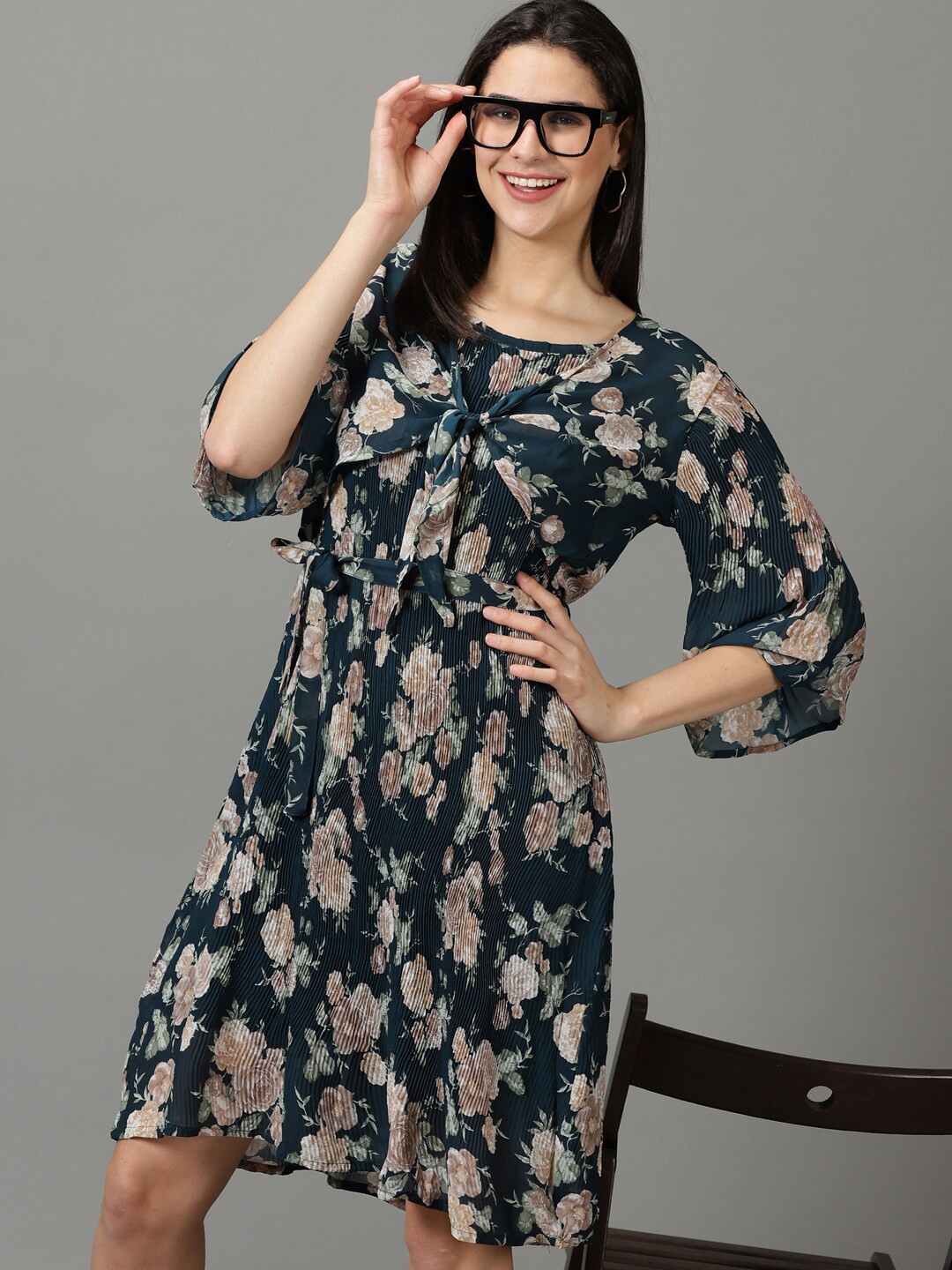 

SHOWOFF Floral Printed Accordion Pleats Fit & Flare Dress, Teal