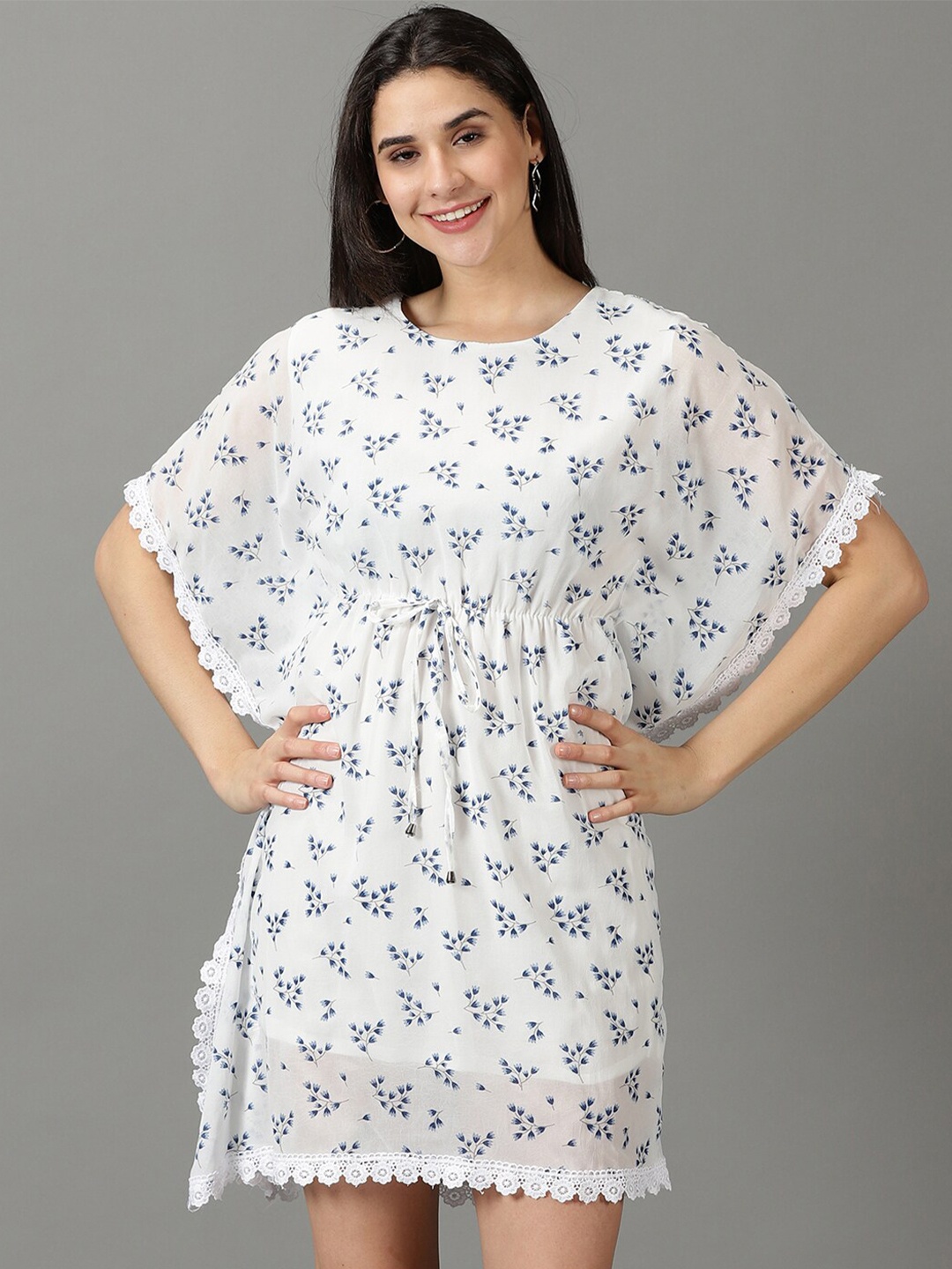 

SHOWOFF Off White Floral Printed Kimono Sleeves Kaftan Dress