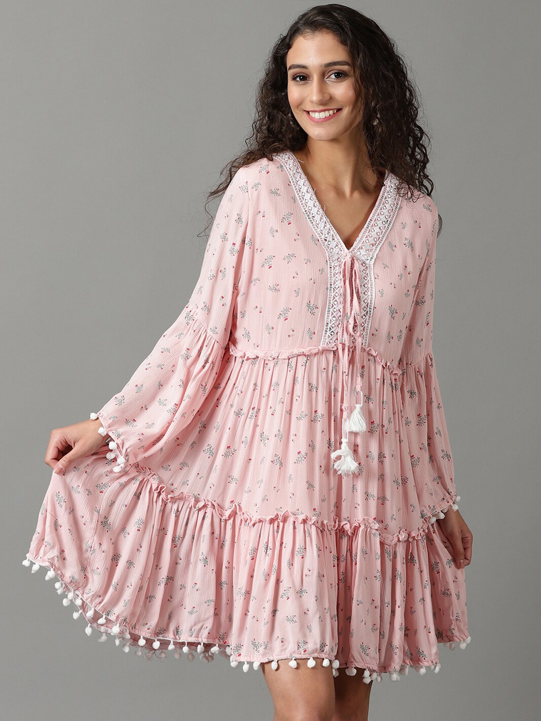 

SHOWOFF Floral Printed Bell Sleeves Gathered Tiered A-Line Dress, Pink