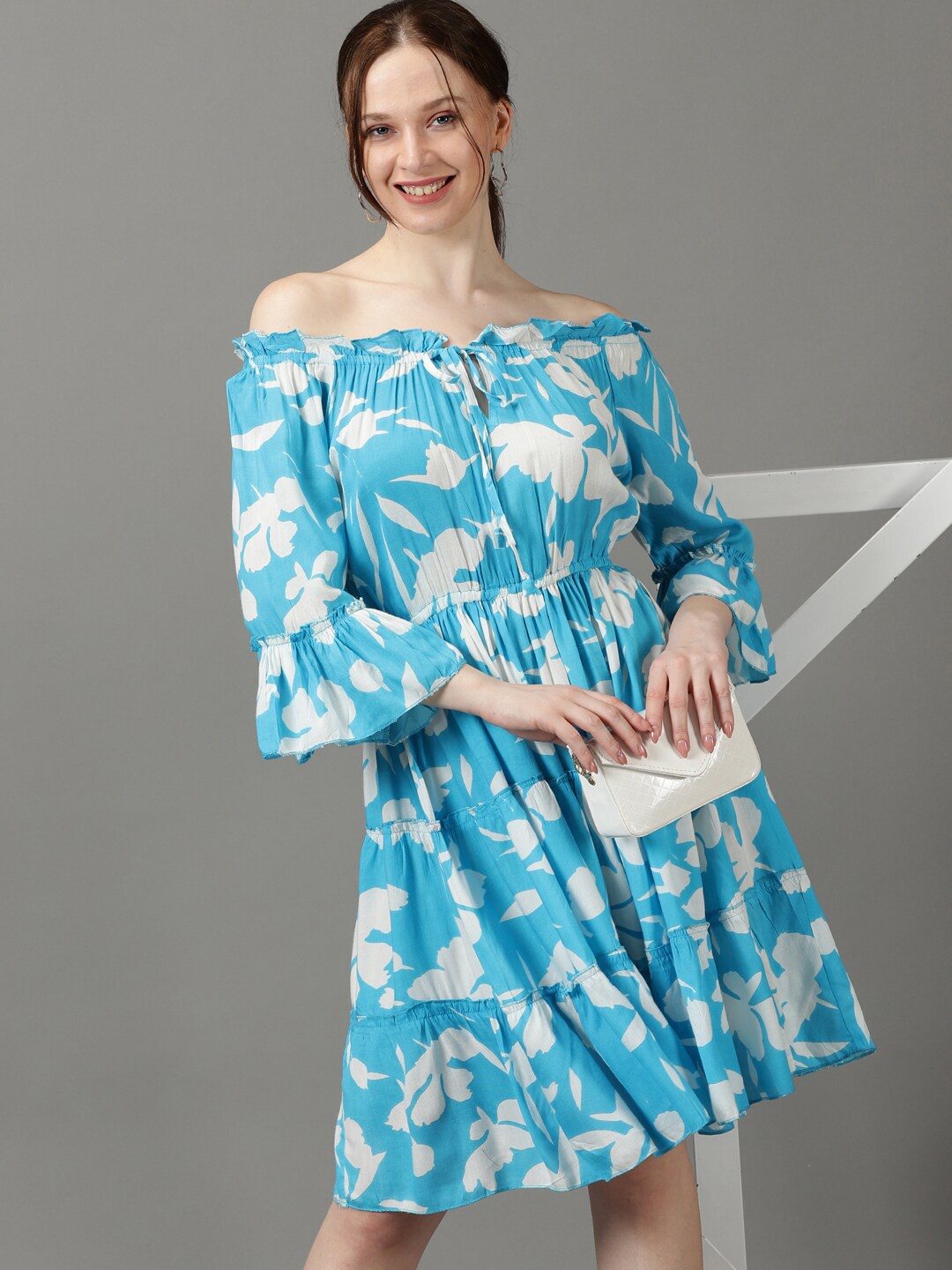 

SHOWOFF Floral Printed Off-Shoulder Tiered Fit & flare Dress, Blue
