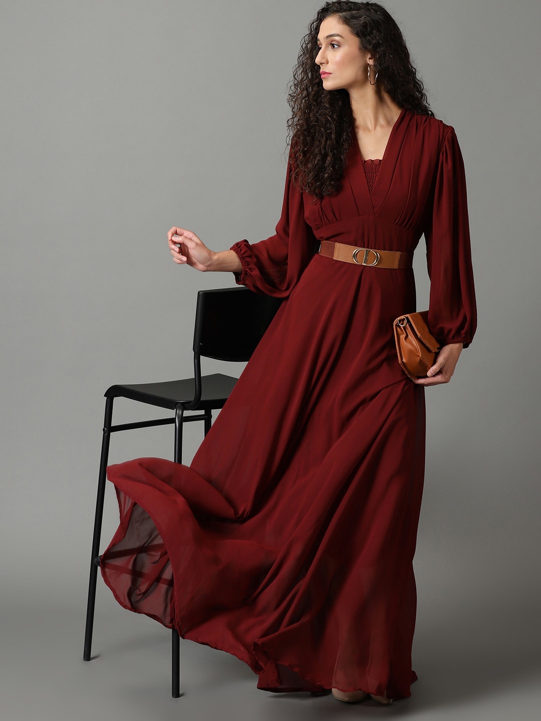 

SHOWOFF V-Neck Smocked Tie Up Chiffon Maxi Dress, Maroon