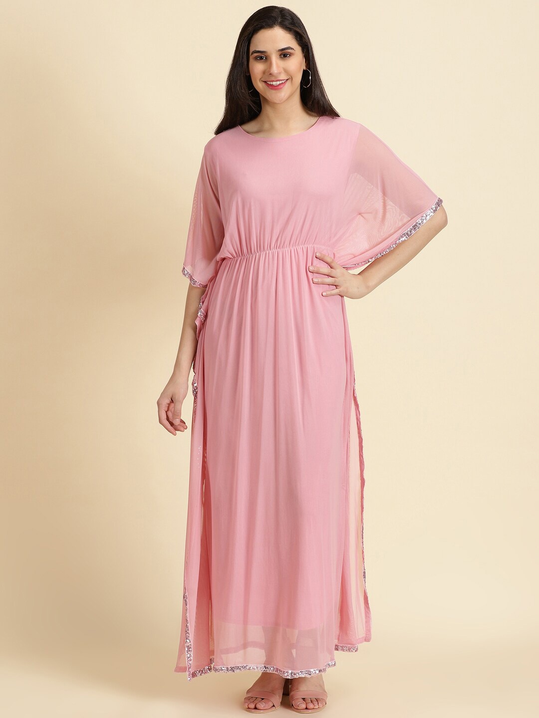 

SHOWOFF Round Neck Sequined Net Maxi Kaftan Dress, Pink