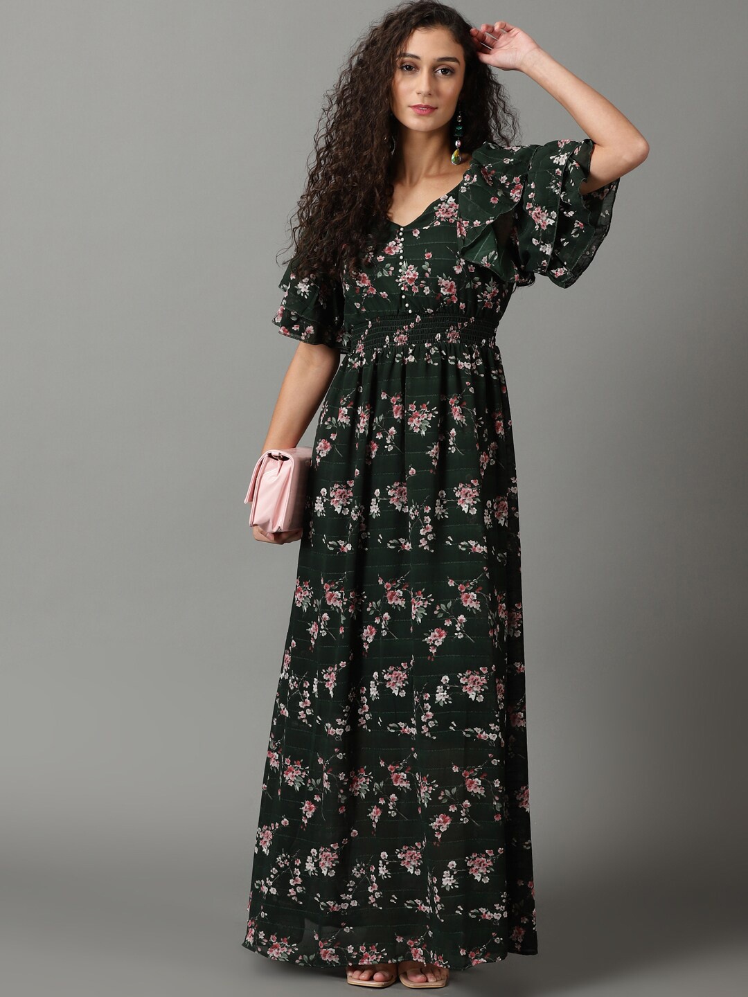 

SHOWOFF Floral Printed Flutter Sleeves Gathered Fit & Flare Maxi Dress, Green