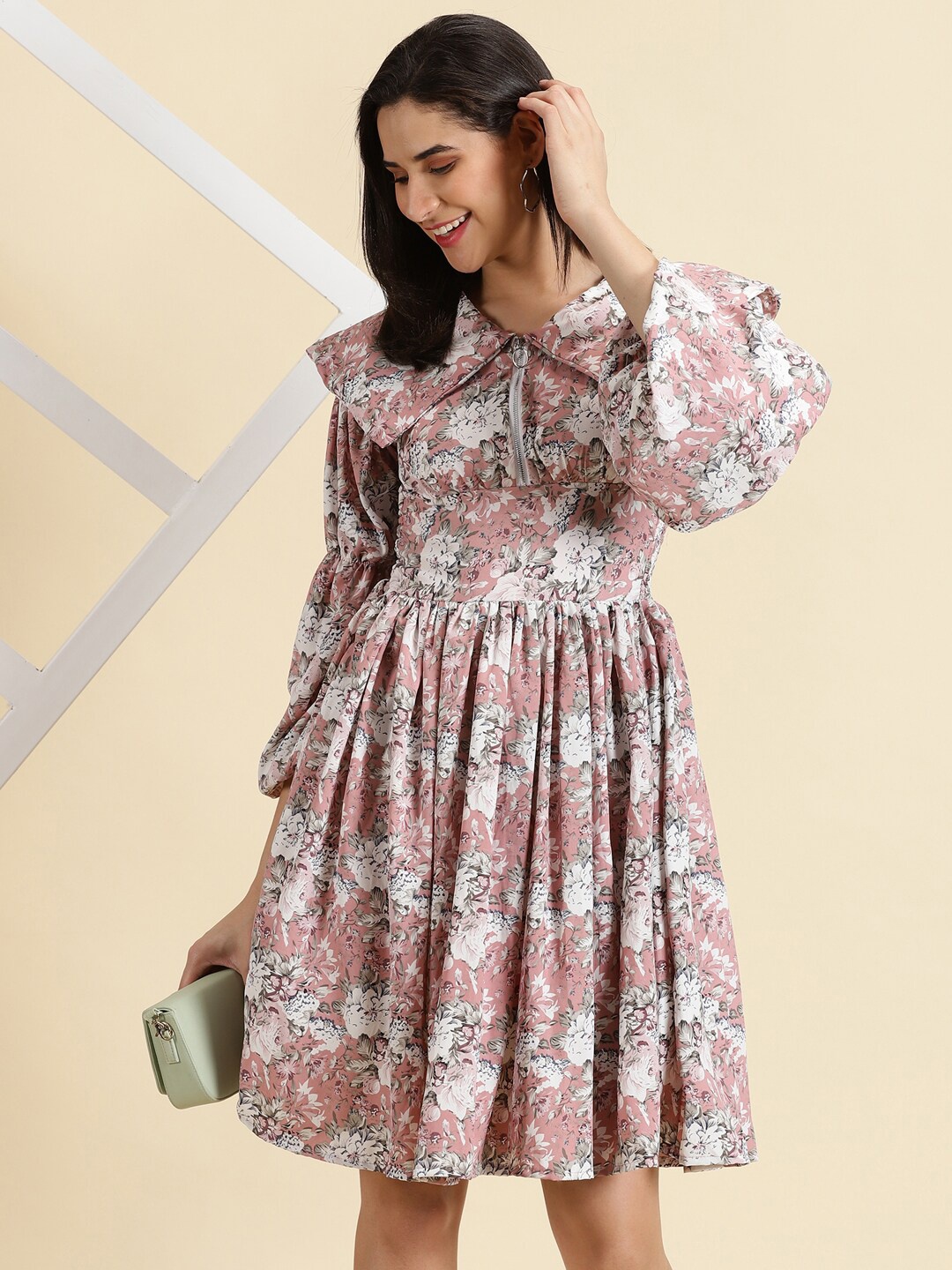

SHOWOFF Floral Printed Puff Sleeves Gathered Fit & Flare Dress, Mauve
