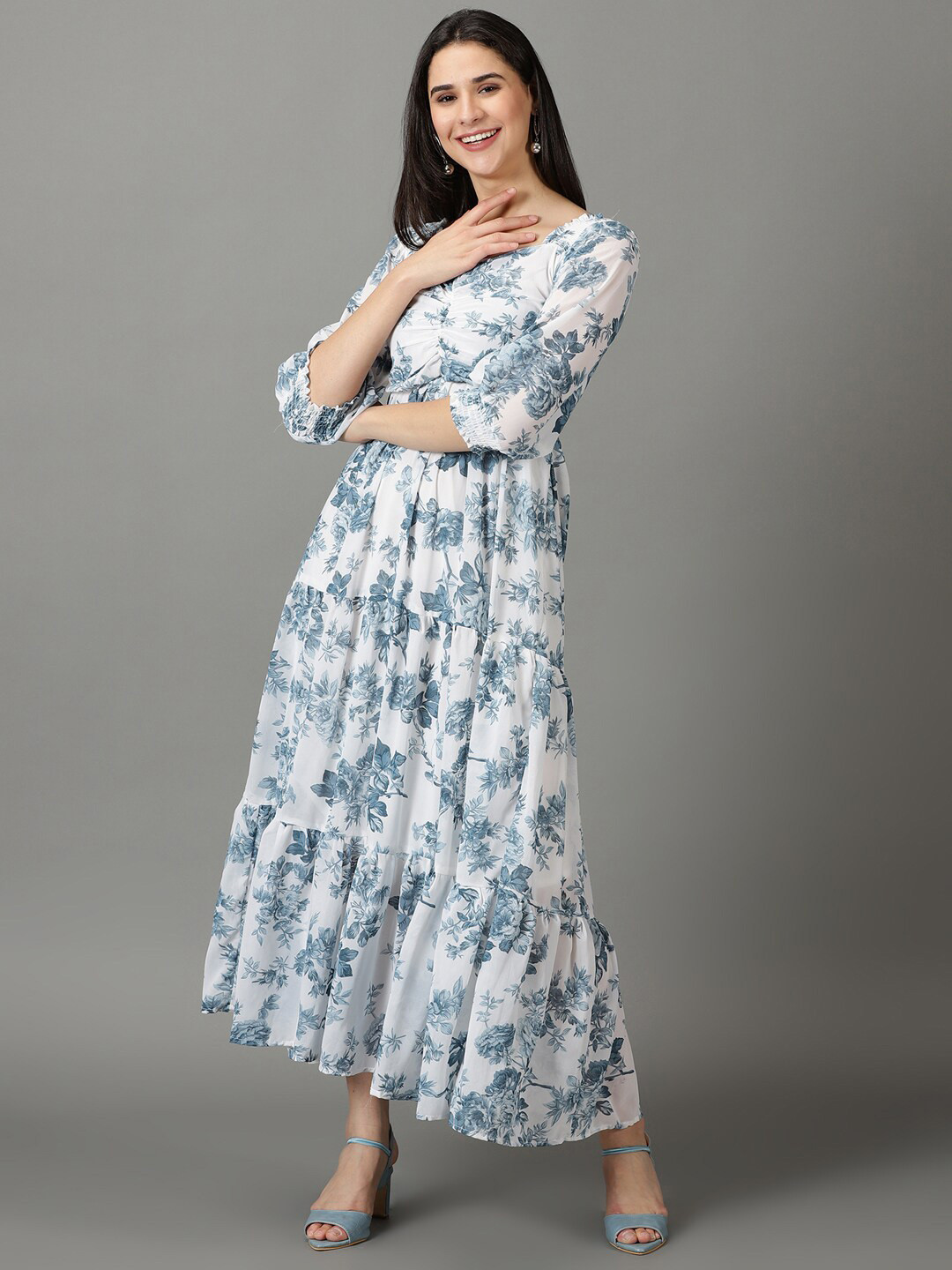 

SHOWOFF Floral Printed Smocked Ruched And Tiered Chiffon Fit & Flare Midi Dress, White